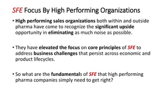 SFE Focus By High Performing Organizations
• High performing sales organizations both within and outside
pharma have come to recognize the significant upside
opportunity in eliminating as much noise as possible.
• They have elevated the focus on core principles of SFE to
address business challenges that persist across economic and
product lifecycles.
• So what are the fundamentals of SFE that high performing
pharma companies simply need to get right?
 