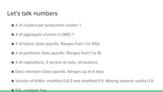 Let’s talk numbers
● # of clusters per production cluster: 1
● # of aggregate clusters in DMZ: 1
● # of topics: Data specific. Ranges from 1 to 100s.
● # of partitions: Data specific. Ranges from 1 to 16
● # of replications: 3 (across all data, all clusters)
● Data retention: Data specific. Ranges up to 4 days
● Version of Kafka: modified 0.8.2 and modified 0.9. Moving towards vanilla 0.9
● SSL enabled: Yes.
 