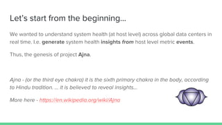 Let’s start from the beginning...
We wanted to understand system health (at host level) across global data centers in
real time. I.e. generate system health insights from host level metric events.
Thus, the genesis of project Ajna.
Ajna - (or the third eye chakra) it is the sixth primary chakra in the body, according
to Hindu tradition. … it is believed to reveal insights…
More here - https://en.wikipedia.org/wiki/Ajna
 