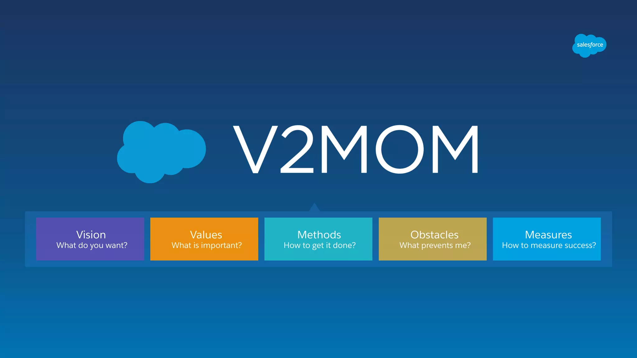 Vision 
What do you want?
Values 
What is important?
Methods 
How to get it done?
Obstacles 
What prevents me?
Measures 
How to measure success?
 