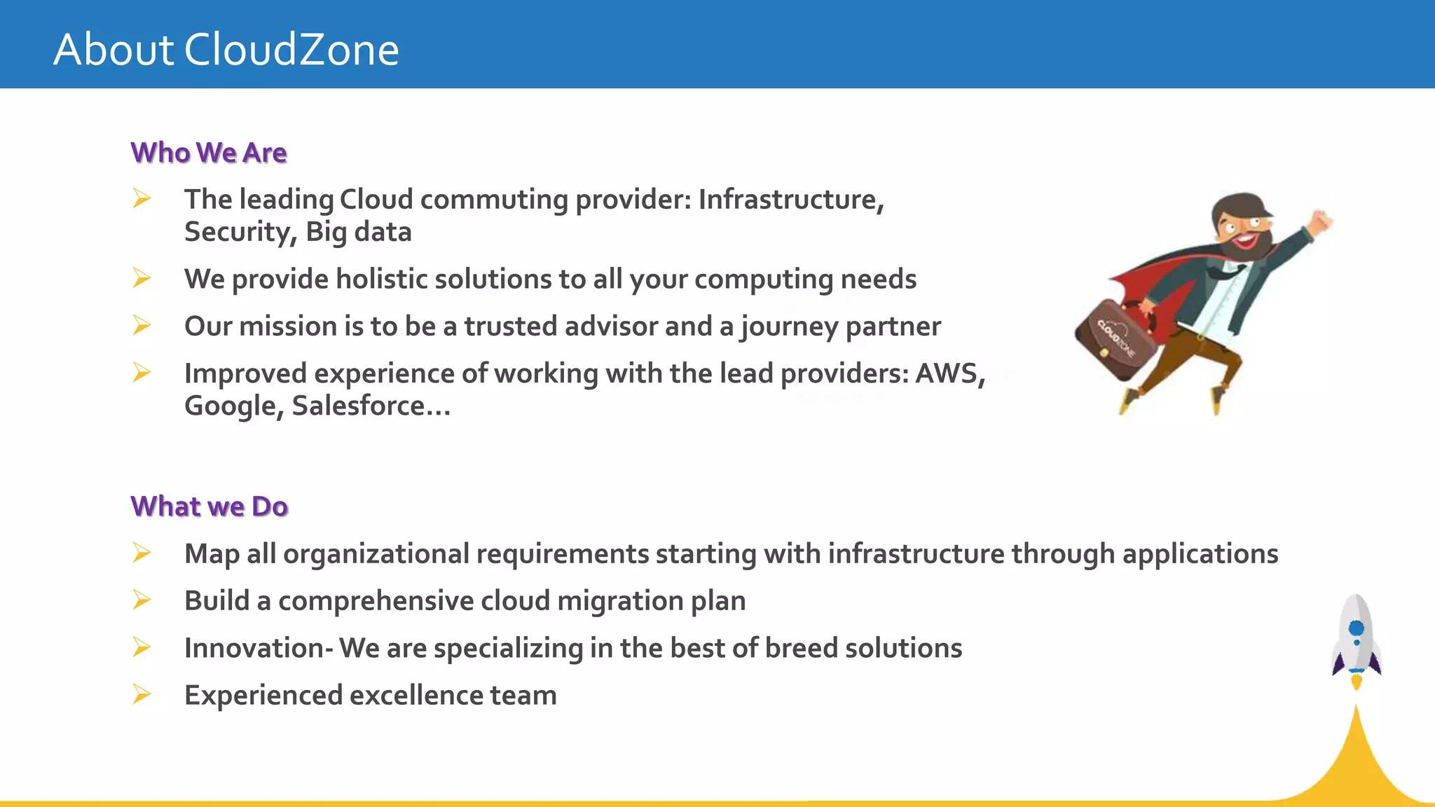 What we Do
 Map all organizational requirements starting with infrastructure through applications
 Build a comprehensive cloud migration plan
 Innovation- We are specializing in the best of breed solutions
 Experienced excellence team
About CloudZone
Who We Are
 The leading Cloud commuting provider: Infrastructure,
Security, Big data
 We provide holistic solutions to all your computing needs
 Our mission is to be a trusted advisor and a journey partner
 Improved experience of working with the lead providers: AWS,
Google, Salesforce…
 