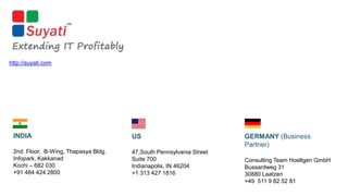 Development
Website Flow
http://suyati.com

Multivariate
testing

INDIA

US

2nd Floor, B-Wing, Thapasya Bldg.
Infopark, Kakkanad
Kochi – 682 030
+91 484 424 2800

47,South Pennsylvania Street
Suite 700
Indianapolis, IN 46204
+1 313 427 1816

GERMANY (Business
Partner)
Consulting Team Hoeltgen GmbH
Bussardweg 31
30880 Laatzen
+49 511 9 82 52 81

 