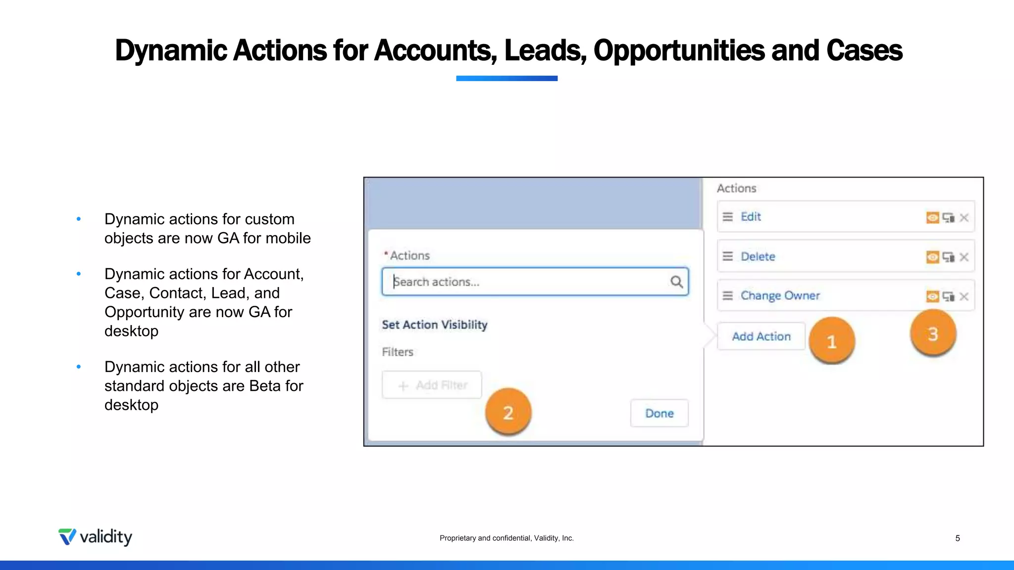 Dynamic Actions for Accounts, Leads, Opportunities and Cases
Proprietary and confidential, Validity, Inc. 5
• Dynamic actions for custom
objects are now GA for mobile
• Dynamic actions for Account,
Case, Contact, Lead, and
Opportunity are now GA for
desktop
• Dynamic actions for all other
standard objects are Beta for
desktop
 
