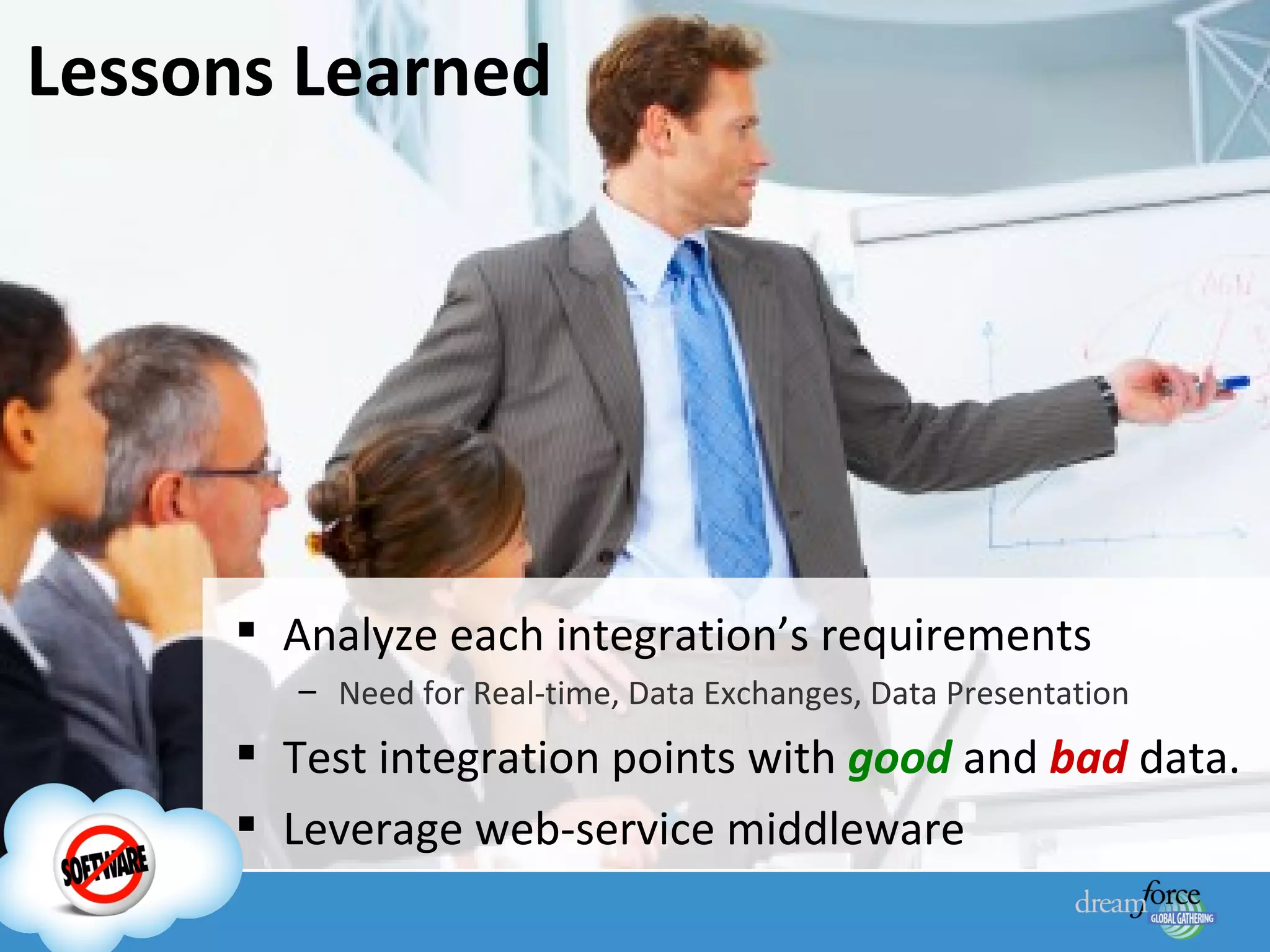 Lessons Learned Analyze each integration’s requirements Need for Real-time, Data Exchanges, Data Presentation Test integration points with  good   and  bad   data. Leverage web-service middleware 