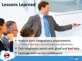 Lessons Learned Analyze each integration’s requirements Need for Real-time, Data Exchanges, Data Presentation Test integration points with  good   and  bad   data. Leverage web-service middleware 