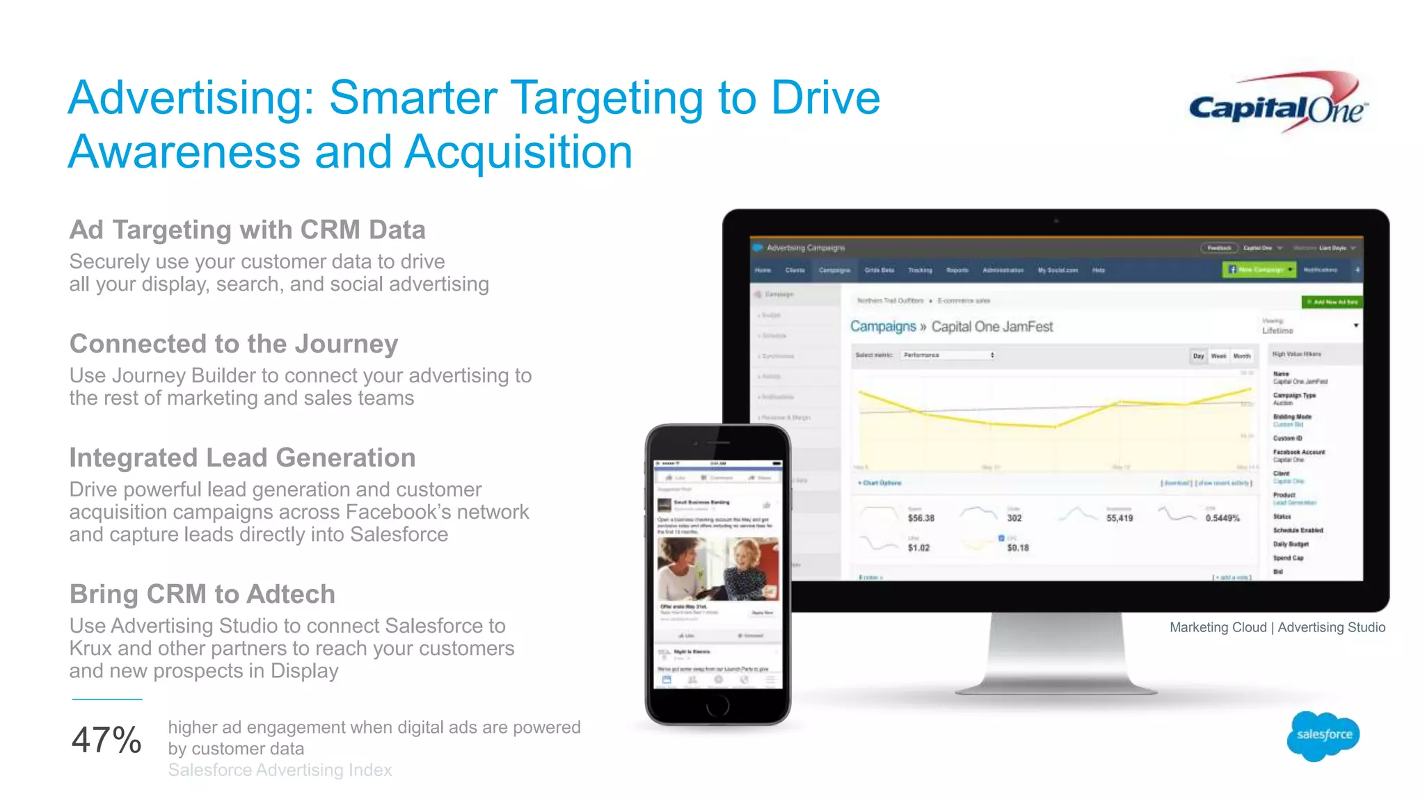 Ad Targeting with CRM Data
Securely use your customer data to drive
all your display, search, and social advertising
Connected to the Journey
Use Journey Builder to connect your advertising to
the rest of marketing and sales teams
Integrated Lead Generation
Drive powerful lead generation and customer
acquisition campaigns across Facebook’s network
and capture leads directly into Salesforce
Bring CRM to Adtech
Use Advertising Studio to connect Salesforce to
Krux and other partners to reach your customers
and new prospects in Display
Advertising: Smarter Targeting to Drive
Awareness and Acquisition
47%
higher ad engagement when digital ads are powered
by customer data
Salesforce Advertising Index
Marketing Cloud | Advertising Studio
 