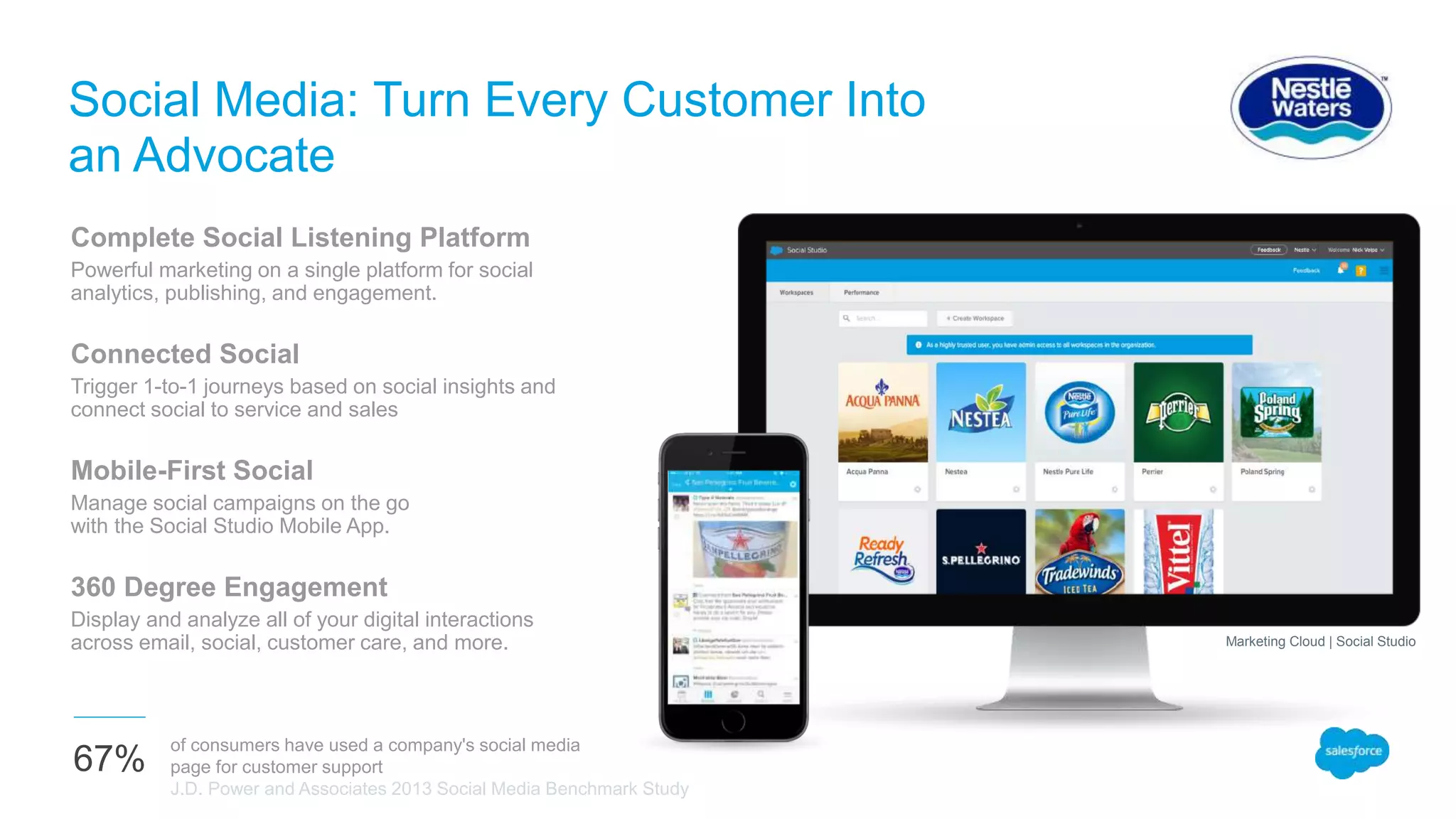 Social Media: Turn Every Customer Into
an Advocate
Complete Social Listening Platform
Powerful marketing on a single platform for social
analytics, publishing, and engagement.
Connected Social
Trigger 1-to-1 journeys based on social insights and
connect social to service and sales
Mobile-First Social
Manage social campaigns on the go
with the Social Studio Mobile App.
360 Degree Engagement
Display and analyze all of your digital interactions
across email, social, customer care, and more.
of consumers have used a company's social media
page for customer support
J.D. Power and Associates 2013 Social Media Benchmark Study
67%
Marketing Cloud | Social Studio
 