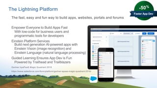 The Lightning Platform
Empower Everyone to Build Apps Fast
With low-code for business users and
programmatic tools for developers
Einstein Platform Services
Build next generation AI-powered apps with
Einstein Vision (image recognition) and
Einstein Language (natural language processing)
Guided Learning Ensures App Dev is Fun
Powered by Trailhead and Trailblazers
Gartner hpaPaaS Magic Quadrant 2018
https://www.salesforce.com/form/platform/gartner-apaas-magic-quadrant-2018/
The fast, easy and fun way to build apps, websites, portals and forums
+50%
Faster App Dev
 