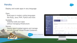 Heroku
Open
Build apps in modern coding languages
like Ruby, Java, PHP, Python and more
Scalable
Instantly scale your apps
without managing infrastructure
Secure
Deploy apps to global regions and manage
security through Virtual Private Containers
Deploy and scale apps in any language
 