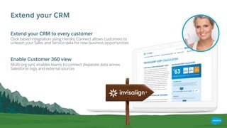 Extend your CRM
Extend your CRM to every customer
Click based integration using Heroku Connect allows customers to
unleash your Sales and Service data for new business opportunities
Enable Customer 360 view
Multi-org sync enables teams to connect disparate data across
Salesforce orgs and external sources
 