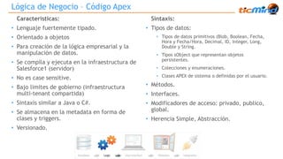 Lógica de Negocio – Código Apex 
Características: 
• Lenguaje fuertemente tipado. 
• Orientado a objetos 
• Para creación de la lógica empresarial y la 
manipulación de datos. 
• Se compila y ejecuta en la infraestructura de 
Salesforce1 (servidor) 
• No es case sensitive. 
• Bajo limites de gobierno (infraestructura 
multi-tenant compartida) 
• Sintaxis similar a Java o C#. 
• Se almacena en la metadata en forma de 
clases y triggers. 
• Versionado. 
Sintaxis: 
• Tipos de datos: 
• Tipos de datos primitivos (Blob, Boolean, Fecha, 
Hora y Fecha/Hora, Decimal, ID, Integer, Long, 
Double y String. 
• Tipos sObject que representan objetos 
persistentes. 
• Colecciones y enumeraciones. 
• Clases APEX de sistema o definidas por el usuario. 
• Métodos. 
• Interfaces. 
• Modificadores de acceso: privado, publico, 
global. 
• Herencia Simple, Abstracción. 
 