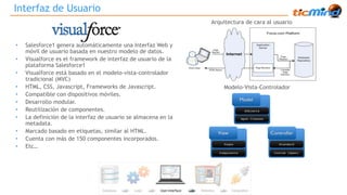 Interfaz de Usuario 
• Salesforce1 genera automáticamente una Interfaz Web y 
móvil de usuario basada en nuestro modelo de datos. 
• Visualforce es el framework de interfaz de usuario de la 
plataforma Salesforce1 
• Visualforce está basado en el modelo-vista-controlador 
tradicional (MVC) 
• HTML, CSS, Javascript, Frameworks de Javascript. 
• Compatible con dispositivos móviles. 
• Desarrollo modular. 
• Reutilización de componentes. 
• La definición de la interfaz de usuario se almacena en la 
metadata. 
• Marcado basado en etiquetas, similar al HTML. 
• Cuenta con más de 150 componentes incorporados. 
• Etc… 
Arquitectura de cara al usuario 
Modelo-Vista-Controlador 
 