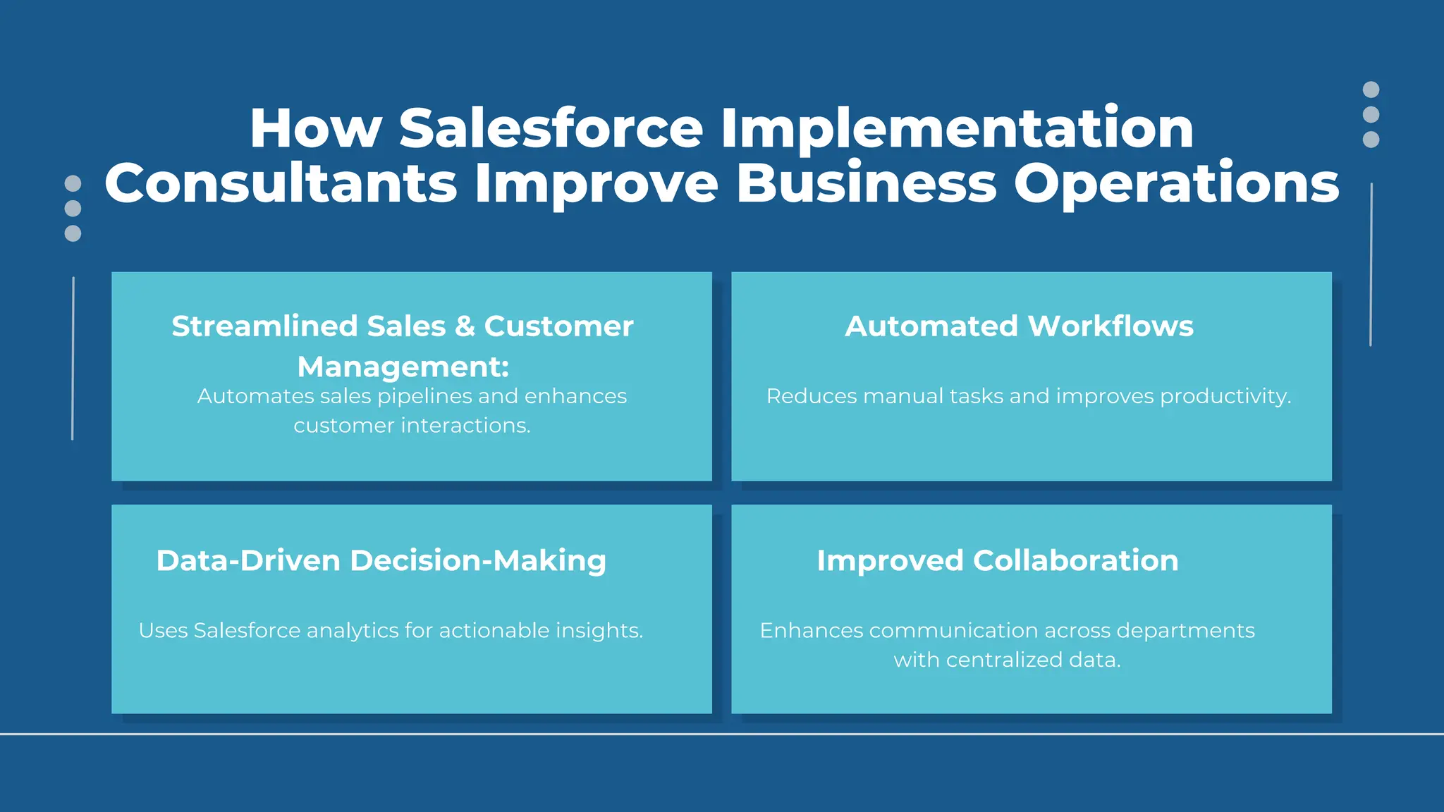 How Salesforce Implementation
Consultants Improve Business Operations
Automates sales pipelines and enhances
customer interactions.
Streamlined Sales & Customer
Management:
Reduces manual tasks and improves productivity.
Automated Workflows
Uses Salesforce analytics for actionable insights.
Data-Driven Decision-Making
Enhances communication across departments
with centralized data.
Improved Collaboration
 