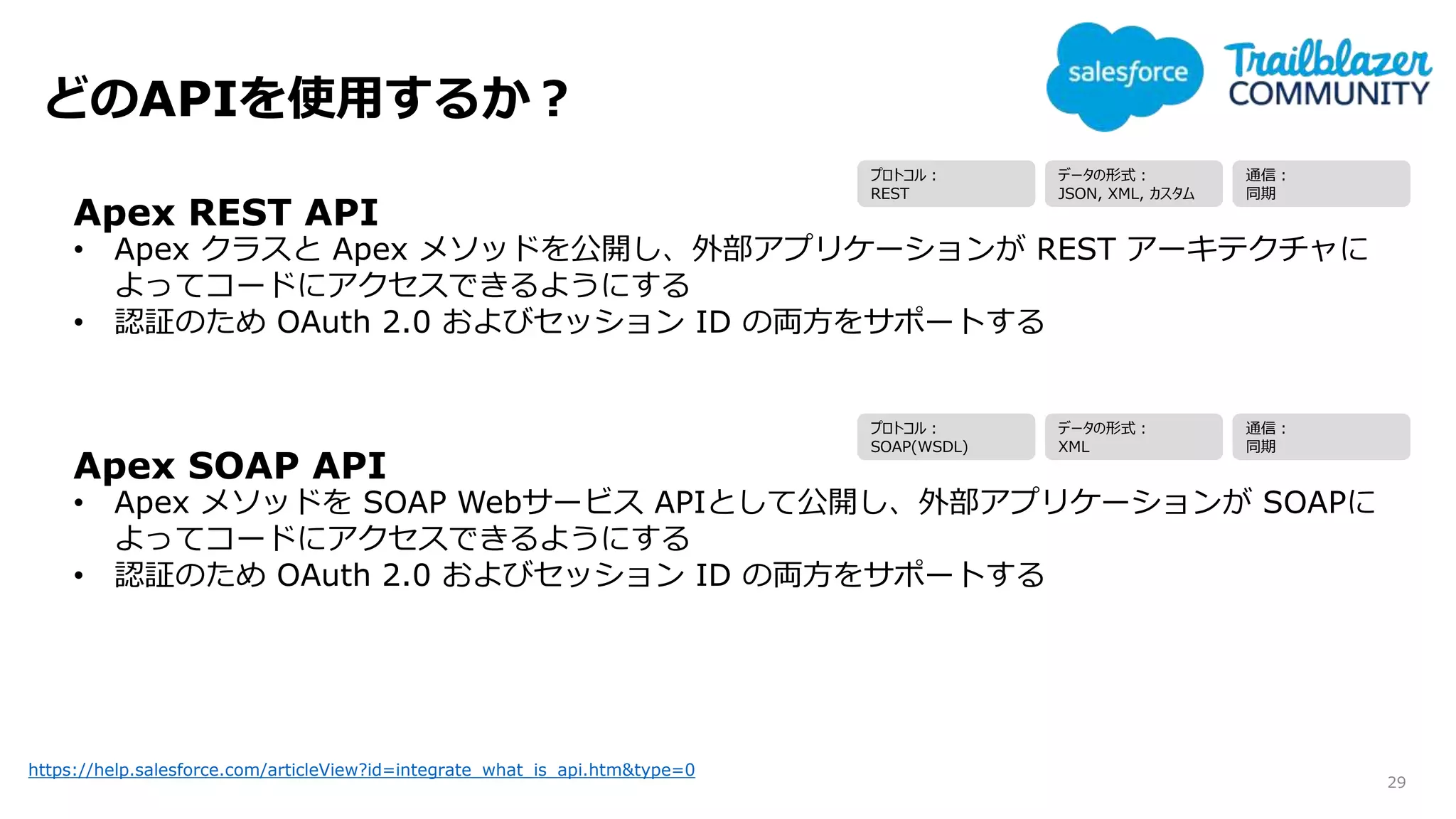 どのAPIを使用するか？
29
https://help.salesforce.com/articleView?id=integrate_what_is_api.htm&type=0
Apex REST API
• Apex クラスと Apex メソッドを公開し、外部アプリケーションが REST アーキテクチャに
よってコードにアクセスできるようにする
• 認証のため OAuth 2.0 およびセッション ID の両方をサポートする
Apex SOAP API
• Apex メソッドを SOAP Webサービス APIとして公開し、外部アプリケーションが SOAPに
よってコードにアクセスできるようにする
• 認証のため OAuth 2.0 およびセッション ID の両方をサポートする
プロトコル：
REST
データの形式：
JSON, XML, カスタム
通信：
同期
プロトコル：
SOAP(WSDL)
データの形式：
XML
通信：
同期
 