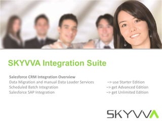 SKYVVA Integration Suite
Salesforce CRM Integration Overview
Data Migration and manual Data Loader Services –> use Starter Edition
Scheduled Batch Integration –> get Advanced Edition
Salesforce SAP Integration –> get Unlimited Edition
 