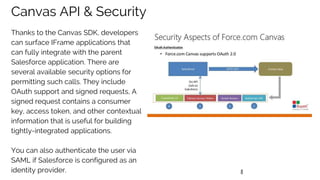 8
Canvas API & Security
Thanks to the Canvas SDK, developers
can surface IFrame applications that
can fully integrate with the parent
Salesforce application. There are
several available security options for
permitting such calls. They include
OAuth support and signed requests, A
signed request contains a consumer
key, access token, and other contextual
information that is useful for building
tightly-integrated applications.
You can also authenticate the user via
SAML if Salesforce is configured as an
identity provider.
 