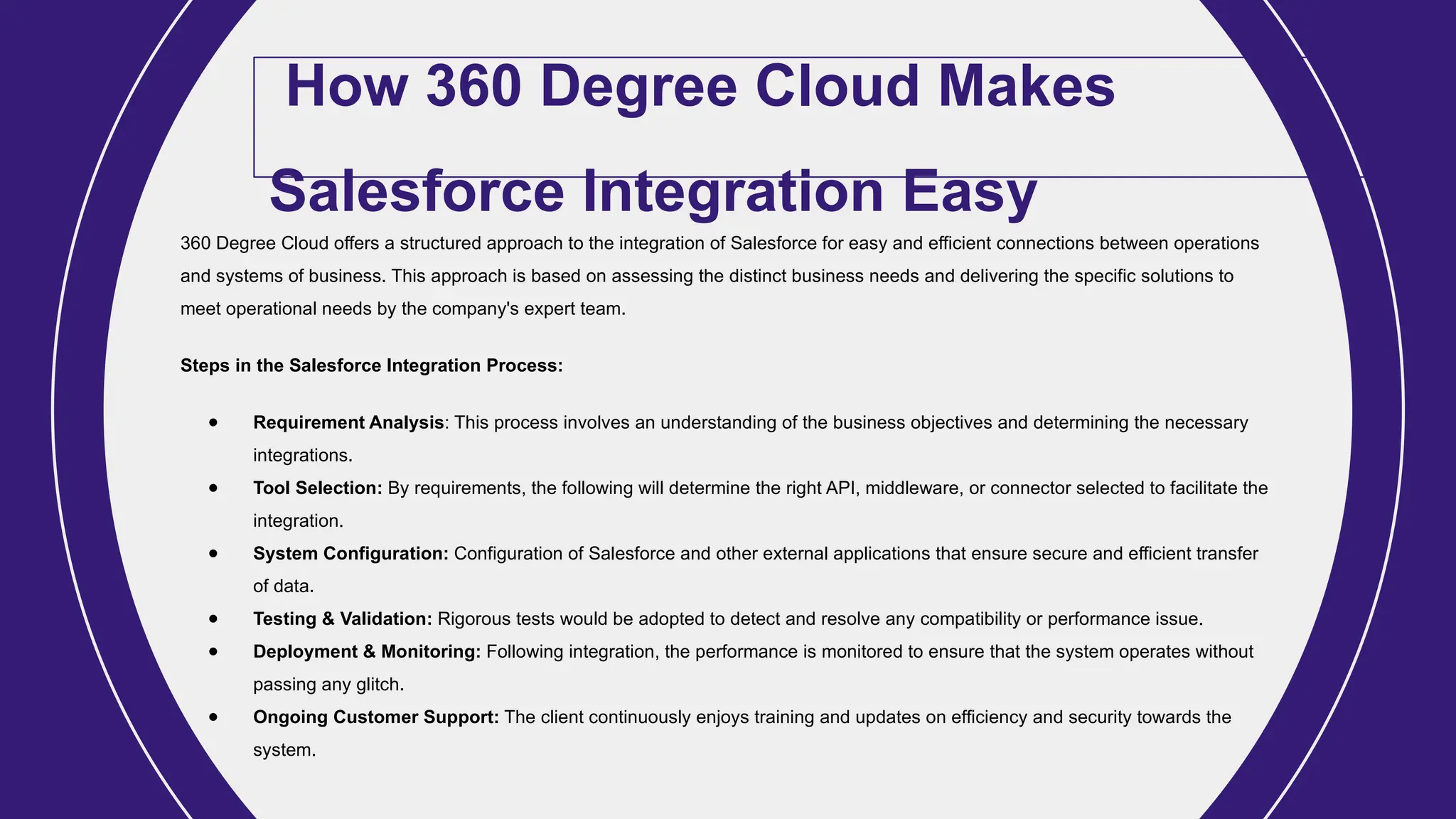 How 360 Degree Cloud Makes
Salesforce Integration Easy
360 Degree Cloud offers a structured approach to the integration of Salesforce for easy and efficient connections between operations
and systems of business. This approach is based on assessing the distinct business needs and delivering the specific solutions to
meet operational needs by the company's expert team.
Steps in the Salesforce Integration Process:
● Requirement Analysis: This process involves an understanding of the business objectives and determining the necessary
integrations.
● Tool Selection: By requirements, the following will determine the right API, middleware, or connector selected to facilitate the
integration.
● System Configuration: Configuration of Salesforce and other external applications that ensure secure and efficient transfer
of data.
● Testing & Validation: Rigorous tests would be adopted to detect and resolve any compatibility or performance issue.
● Deployment & Monitoring: Following integration, the performance is monitored to ensure that the system operates without
passing any glitch.
● Ongoing Customer Support: The client continuously enjoys training and updates on efficiency and security towards the
system.
 