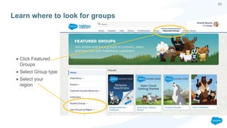 33
Learn where to look for groups
 Click Featured
Groups
 Select Group type
 Select your
region
 