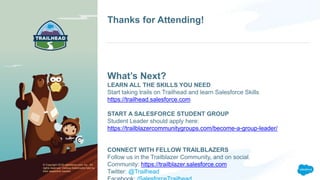 Thanks for Attending!
What’s Next?
LEARN ALL THE SKILLS YOU NEED
Start taking trails on Trailhead and learn Salesforce Skills
https://trailhead.salesforce.com
START A SALESFORCE STUDENT GROUP
Student Leader should apply here:
https://trailblazercommunitygroups.com/become-a-group-leader/
CONNECT WITH FELLOW TRAILBLAZERS
Follow us in the Trailblazer Community, and on social.
Community: https://trailblazer.salesforce.com
Twitter: @Trailhead
© Copyright 2018 salesforce.com, inc. All
rights reserved. Various trademarks held by
their respective owners.
 