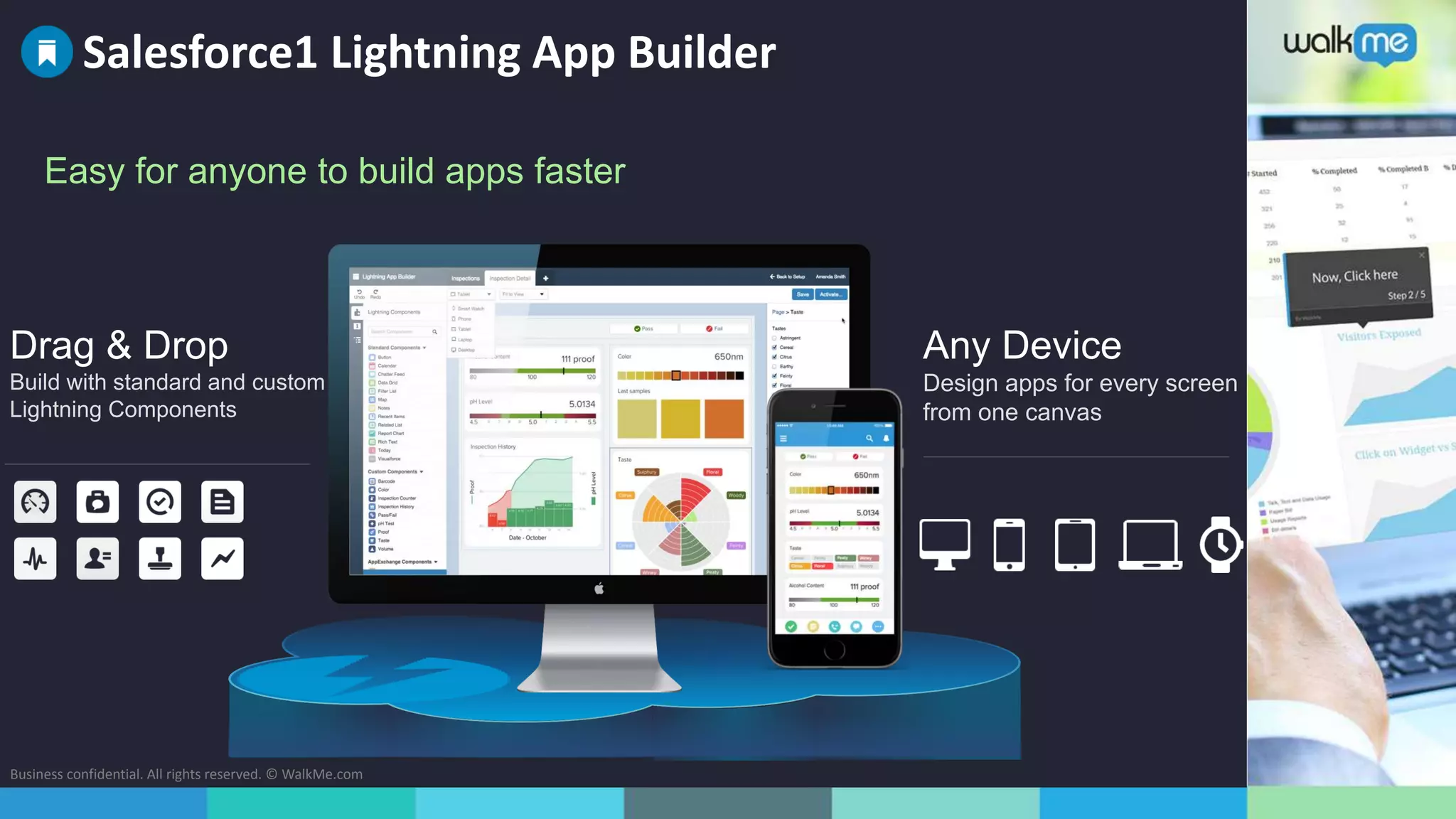 Business confidential. All rights reserved. © WalkMe.com
Salesforce1 Lightning App Builder
Drag & Drop
Build with standard and custom
Lightning Components
Any Device
Design apps for every screen
from one canvas
Easy for anyone to build apps faster
 