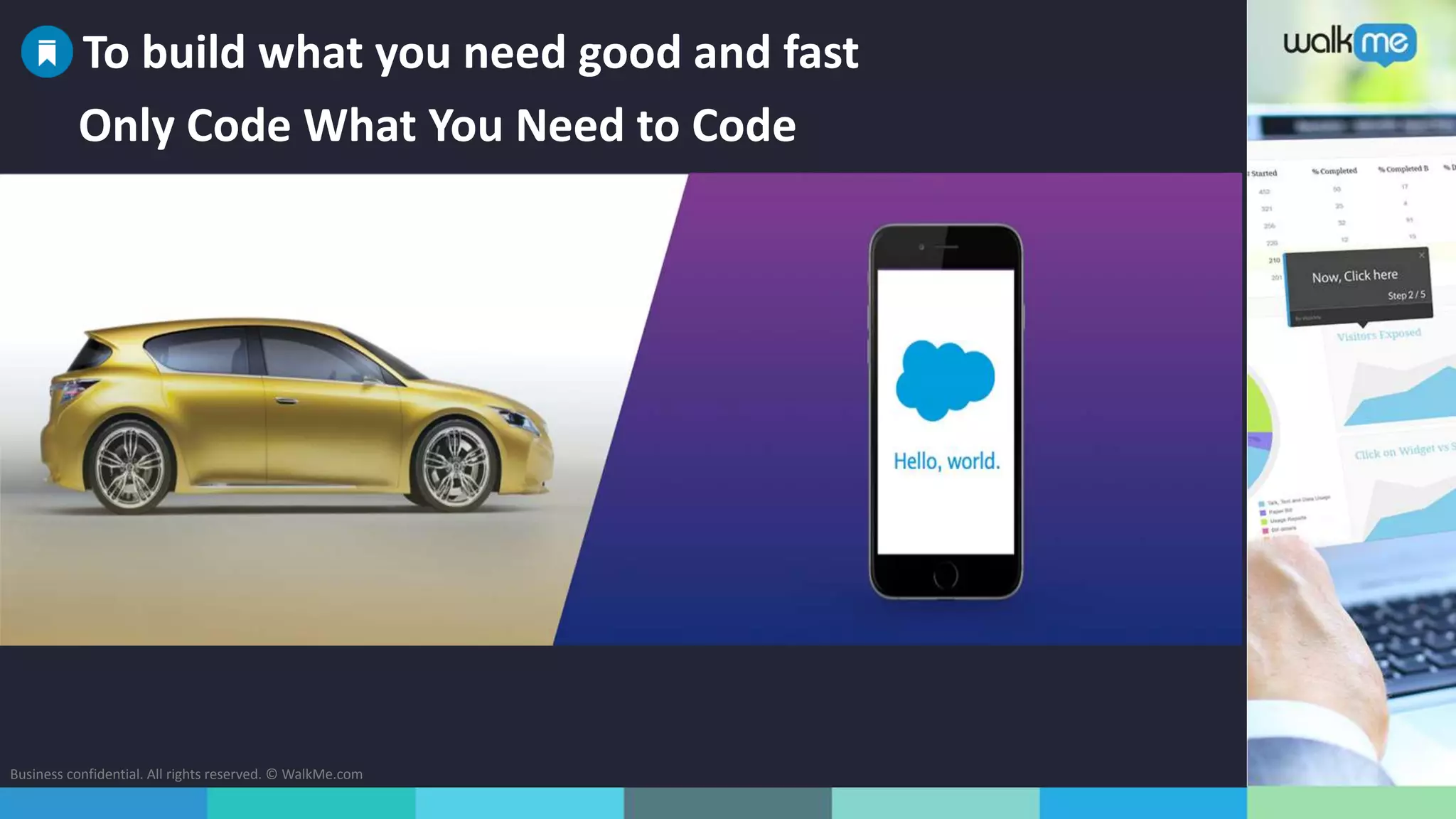 Business confidential. All rights reserved. © WalkMe.com
Only Code What You Need to Code
To build what you need good and fast
 