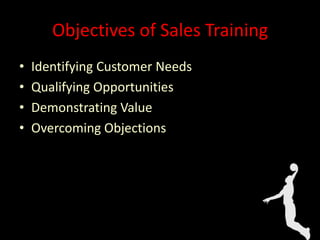 Objectives of Sales Training
• Identifying Customer Needs
• Qualifying Opportunities
• Demonstrating Value
• Overcoming Objections
 