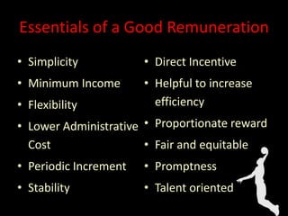 Essentials of a Good Remuneration
• Simplicity
• Minimum Income
• Flexibility
• Lower Administrative
Cost
• Periodic Increment
• Stability
• Direct Incentive
• Helpful to increase
efficiency
• Proportionate reward
• Fair and equitable
• Promptness
• Talent oriented
 