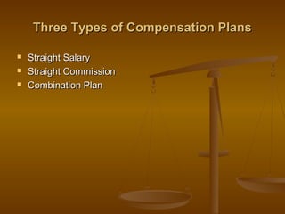 Three Types of Compensation PlansThree Types of Compensation Plans
 Straight SalaryStraight Salary
 Straight CommissionStraight Commission
 Combination PlanCombination Plan
 
