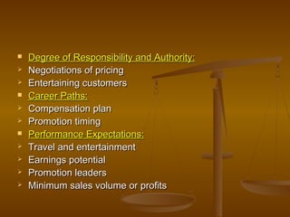  Degree of Responsibility and Authority:Degree of Responsibility and Authority:
 Negotiations of pricingNegotiations of pricing
 Entertaining customersEntertaining customers
 Career Paths:Career Paths:
 Compensation planCompensation plan
 Promotion timingPromotion timing
 Performance Expectations:Performance Expectations:
 Travel and entertainmentTravel and entertainment
 Earnings potentialEarnings potential
 Promotion leadersPromotion leaders
 MinimumMinimum sales volume or profitssales volume or profits
 