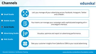 www.edureka.co/salesforce-foundation-comboEdureka’s Salesforce Certification Training
Channels
Let’s you manage all your advertising across Facebook, Instagram, Twitter
and LinkedIn.
Your teams can manage your campaigns with sophisticated targeting all-in-
one elegant interface.
Visualize, optimize and report on advertising performance.
Take your customer insights from Salesforce CRM to your social advertising.
Email Studio
Mobile Studio
Social Studio
Advertising Studio
Web Studio
 