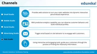 www.edureka.co/salesforce-foundation-comboEdureka’s Salesforce Certification Training
Channels
Provides web solution to turn your static websites into dynamic interactive
personalized experience.
With predictive analytics capability, you can observe customer behavior and
build individual profiles.
Trigger email based on site behavior to re-engage with customers.
Using interactive and engaging tools, guide your customers through the
process of finding the necessary information.
Email Studio
Mobile Studio
Social Studio
Advertising Studio
Web Studio
 
