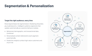 Segmentation & Personalization
Target the right audience, every time
Move beyond basic list segmentation. Marketing Cloud lets
you build dynamic, intelligent audience segments that
update automatically as customer behavior evolves.
Behavioral, demographic, and transactional data
combined
Personalized content delivered to each segment
automatically
Predictive analytics surface high-value customers and
churn risk
 