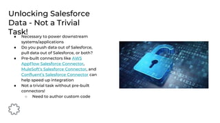● Necessary to power downstream
systems/applications
● Do you push data out of Salesforce,
pull data out of Salesforce, or both?
● Pre-built connectors like AWS
AppFlow Salesforce Connector,
MuleSoft’s Salesforce Connector, and
Confluent’s Salesforce Connector can
help speed up integration
● Not a trivial task without pre-built
connectors!
○ Need to author custom code
Unlocking Salesforce
Data - Not a Trivial
Task!
 