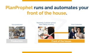 PlanProphet runs and automates your
front of the house.
Front of the house.
production
Production
Marketing, Customer service,
Sales, Billing, Proofing Your Customers
Your production
 