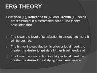 ERG THEORY
Existence (E), Relatedness (R) and Growth (G) needs
are structured in a hierarchical order. The theory
postulates that:
a) The lower the level of satisfaction in a need the more it
will be desired;
b) The higher the satisfaction in a lower level need, the
greater the desire to satisfy a higher level need; and
c) The lower the satisfaction in a higher level need the
greater the desire for satisfying lower level needs.
 