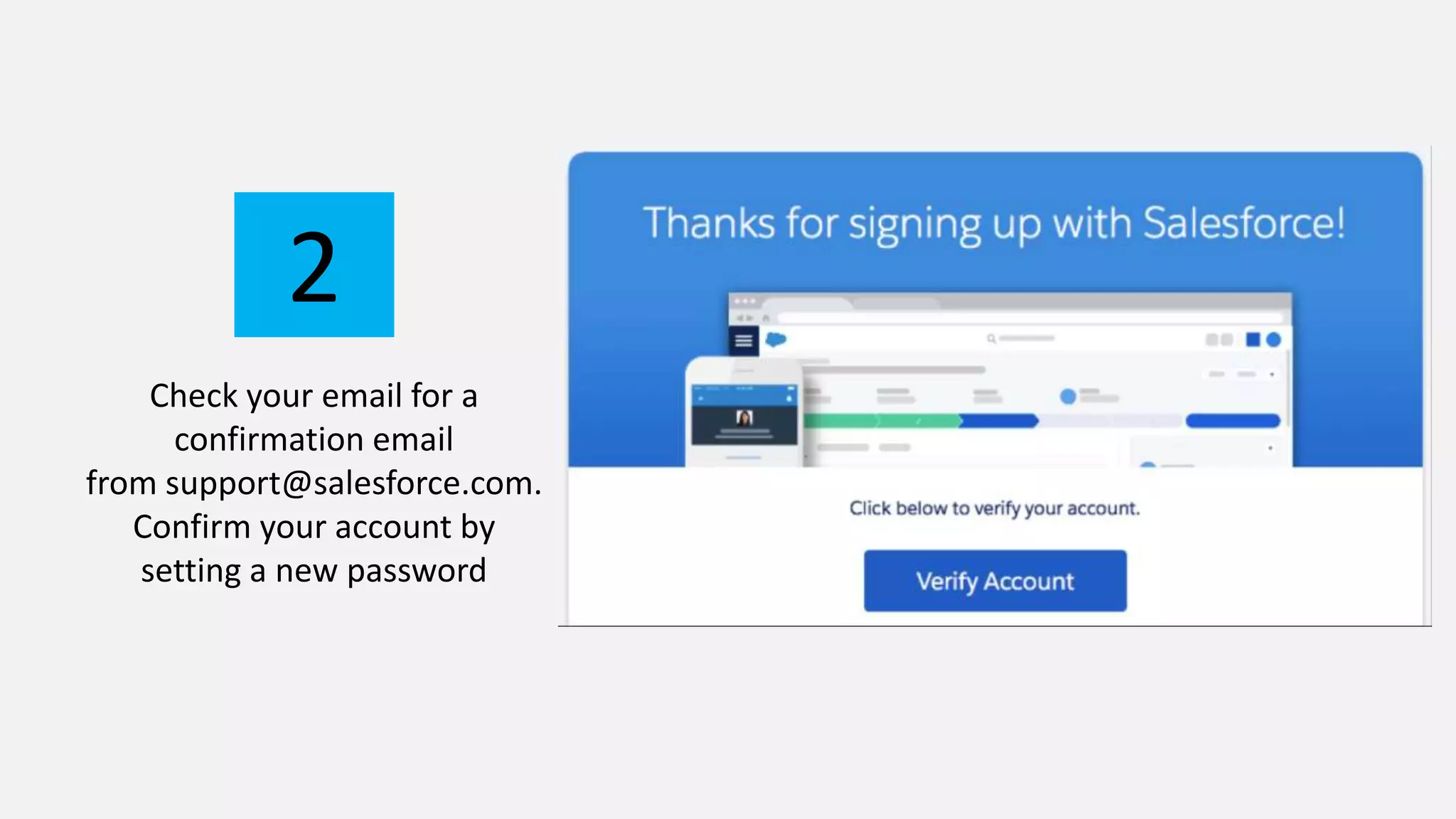 Check your email for a
confirmation email
from support@salesforce.com.
Confirm your account by
setting a new password
2
 