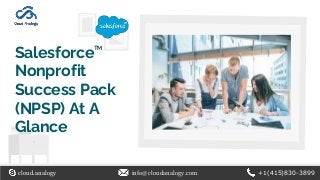 Salesforce
Nonprofit
Success Pack
(NPSP) At A
Glance
cloud.analogy info@cloudanalogy.com +1(415)830-3899
TM
 