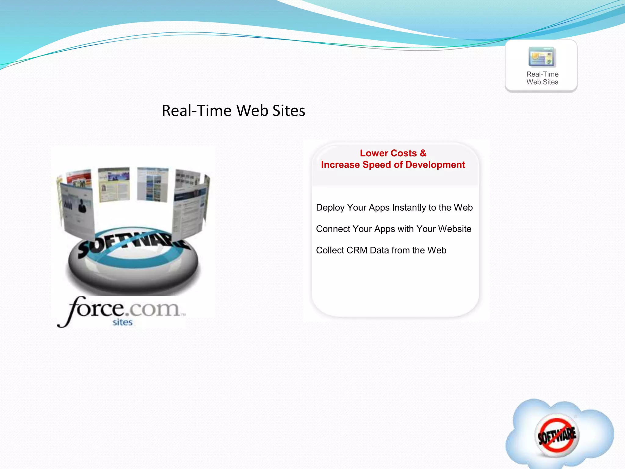 Lower Costs &
Increase Speed of Development
Deploy Your Apps Instantly to the Web
Connect Your Apps with Your Website
Collect CRM Data from the Web
Real-Time
Web Sites
Real-Time Web Sites
 