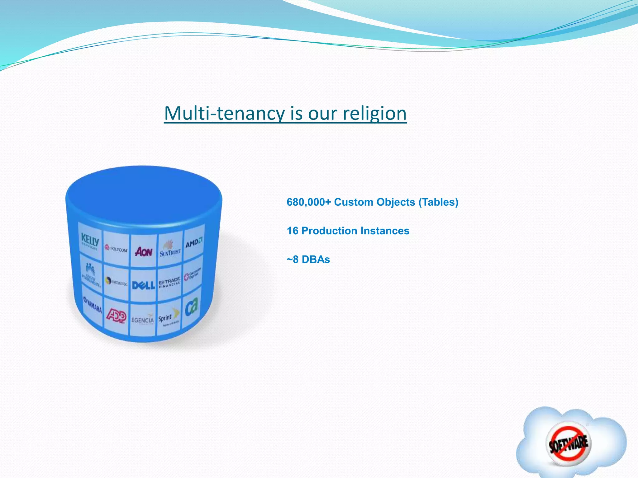 Multi-tenancy is our religion
680,000+ Custom Objects (Tables)
16 Production Instances
~8 DBAs
 