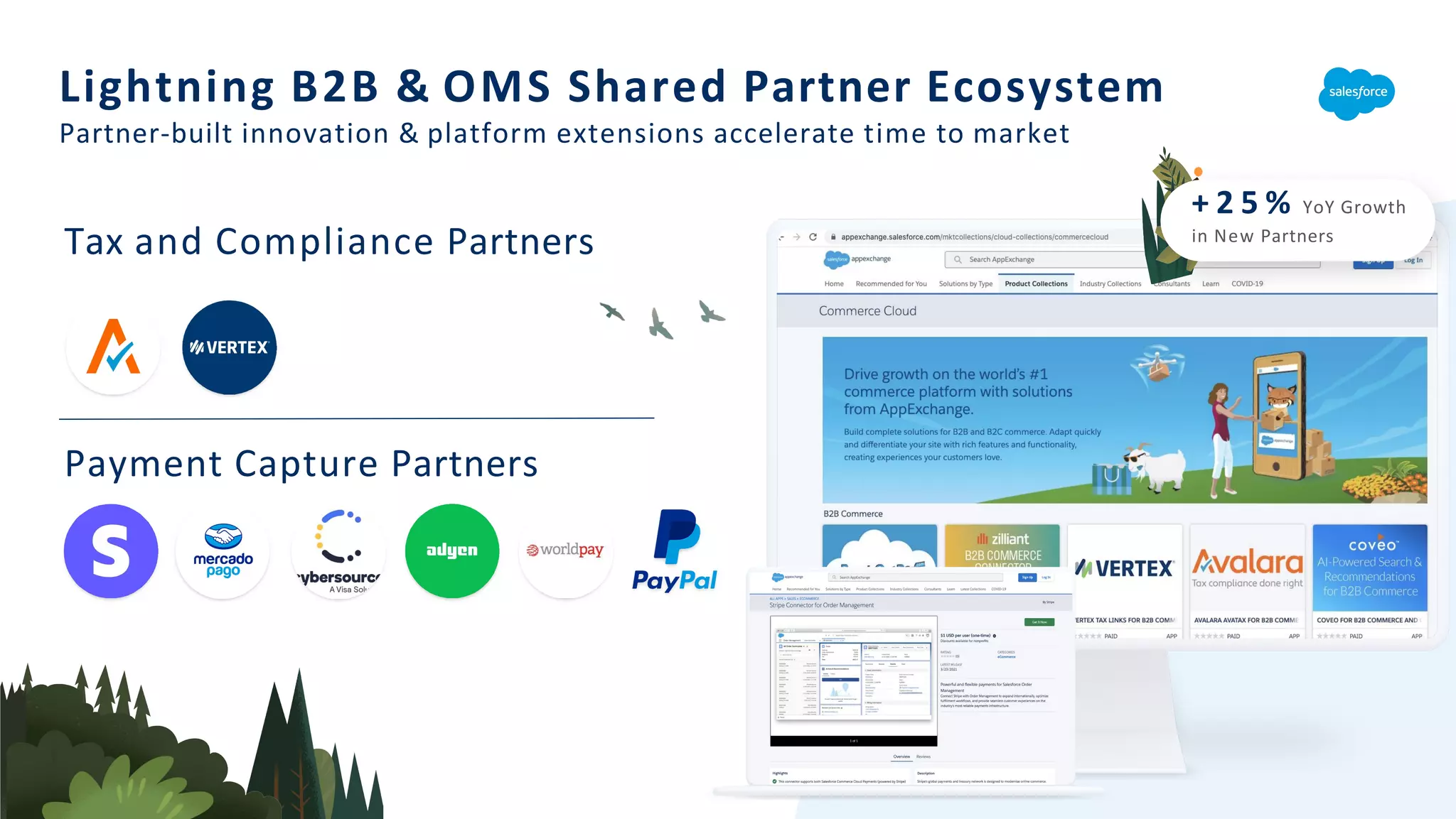 Lightning B2B & OMS Shared Partner Ecosystem
Partner-built innovation & platform extensions accelerate time to market
+ 2 5 % YoY Growth
in New Partners
Tax and Compliance Partners
Payment Capture Partners
 