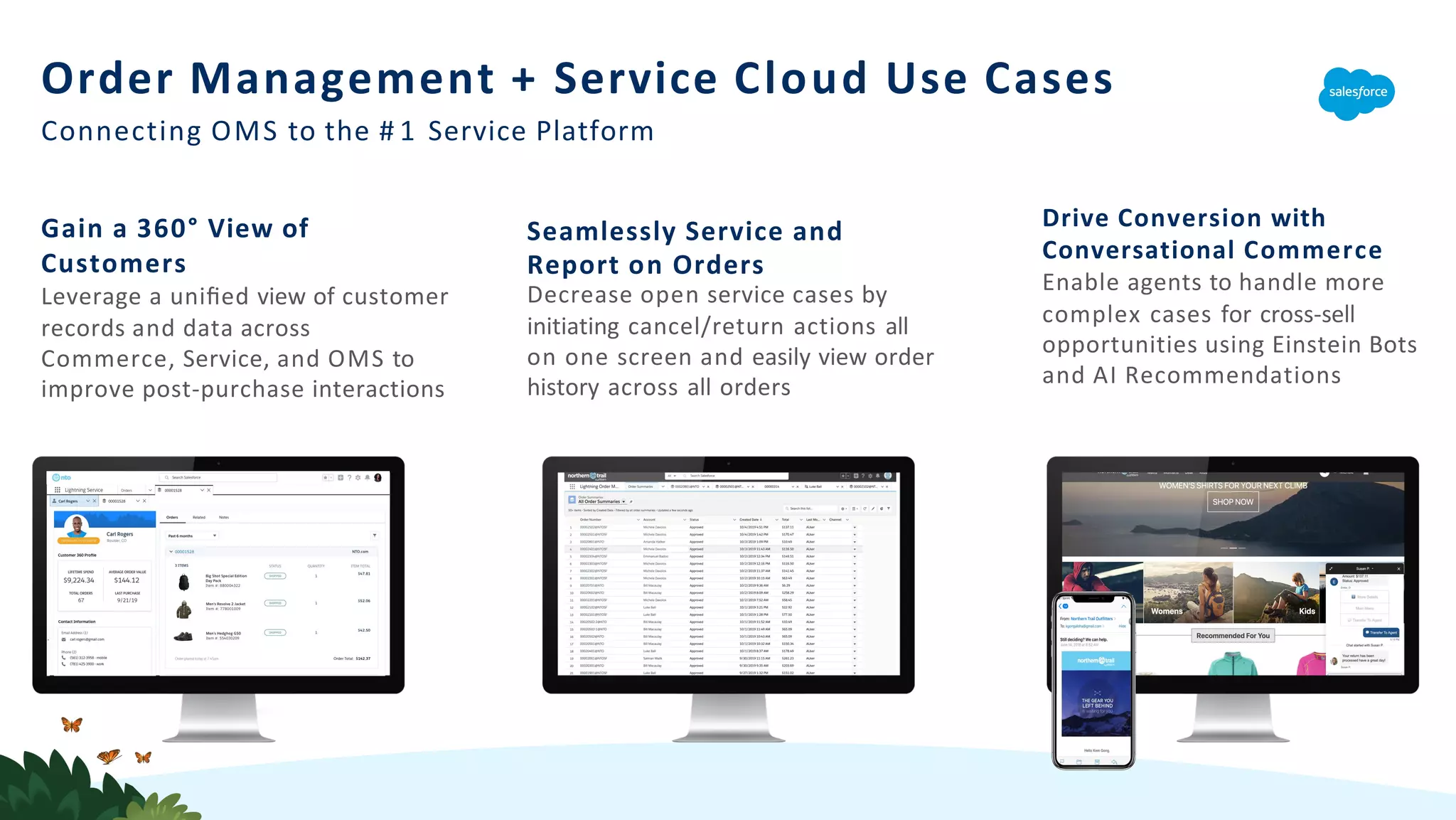Order Management + Service Cloud Use Cases
Connecting OMS to the # 1 Service Platform
Drive Conversion with
Conversational Commerce
Enable agents to handle more
complex cases for cross-sell
opportunities using Einstein Bots
and AI Recommendations
Seamlessly Service and
Report on Orders
Decrease open service cases by
initiating cancel/return actions all
on one screen and easily view order
history across all orders
Gain a 360° View of
Customers
Leverage a uniﬁed view of customer
records and data across
Commerce, Service, and OMS to
improve post-purchase interactions
 