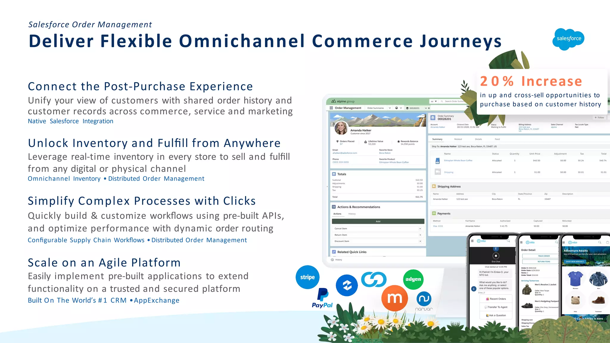 Connect the Post-Purchase Experience
Unify your view of customers with shared order history and
customer records across commerce, service and marketing
Native Salesforce Integration
Unlock Inventory and Fulﬁll from Anywhere
Leverage real-time inventory in every store to sell and fulﬁll
from any digital or physical channel
Omnichannel Inventory • Distributed Order Management
Simplify Complex Processes with Clicks
Quickly build & customize workﬂows using pre-built APIs,
and optimize performance with dynamic order routing
Conﬁgurable Supply Chain Workﬂows • Distributed Order Management
Scale on an Agile Platform
Easily implement pre-built applications to extend
functionality on a trusted and secured platform
Built On The World’s # 1 CRM •AppExchange
Salesforce Order Management
Deliver Flexible Omnichannel Commerce Journeys
2 0 % Increase
in up and cross-sell opportunities to
purchase based on customer history
 