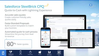 Salesforce SteelBrick CPQ
Quote-to-Cash with Lightning Experience
Relationship
Intelligence
Mobile Productivity Intuitive
Salesforce
Automation
Contextual
Data
Accurate sales quotes
Create customer-friendly sales
quotes easily
Faster Branded Proposals
Build custom templates to match
your business
Automated quote-to-cash process
Streamline the journey from lead
to revenue
faster quotes
+
80%
 