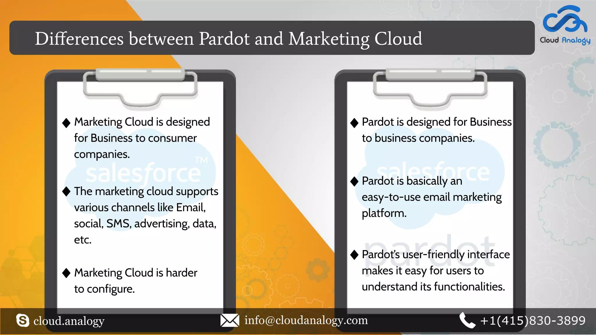 Diﬀerences between Pardot and Marketing Cloud
Marketing Cloud is designed
for Business to consumer
companies.
The marketing cloud supports
various channels like Email,
social, SMS, advertising, data,
etc.
Marketing Cloud is harder
to configure.
Pardot is designed for Business
to business companies.
Pardot is basically an
easy-to-use email marketing
platform.
Pardot’s user-friendly interface
makes it easy for users to
understand its functionalities.
cloud.analogy info@cloudanalogy.com +1(415)830-3899
 