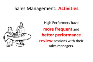 Sales Management: Activities

            High Performers have
            more frequent and
           better performance
          review sessions with their
               sales managers.
 