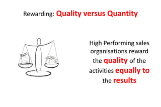 Rewarding: Quality versus Quantity



                   High Performing sales
                   organisations reward
                    the quality of the
                   activities equally to
                        the results
 