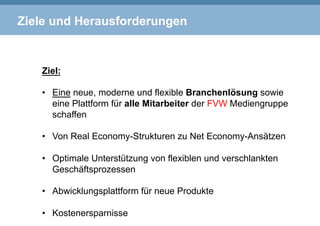 Ziele und Herausforderungen
Ziel:
•  Eine neue, moderne und flexible Branchenlösung sowie
eine Plattform für alle Mitarbeiter der FVW Mediengruppe
schaffen
•  Von Real Economy-Strukturen zu Net Economy-Ansätzen
•  Optimale Unterstützung von flexiblen und verschlankten
Geschäftsprozessen
•  Abwicklungsplattform für neue Produkte
•  Kostenersparnisse
 
