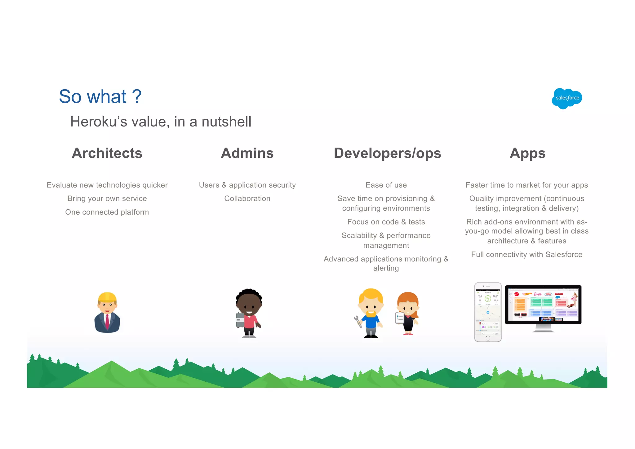 So what ?
Heroku’s value, in a nutshell
Users & application security
Collaboration
Faster time to market for your apps
Quality improvement (continuous
testing, integration & delivery)
Rich add-ons environment with as-
you-go model allowing best in class
architecture & features
Full connectivity with Salesforce
Ease of use
Save time on provisioning &
configuring environments
Focus on code & tests
Scalability & performance
management
Advanced applications monitoring &
alerting
Evaluate new technologies quicker
Bring your own service
One connected platform
Architects Admins Developers/ops Apps
 