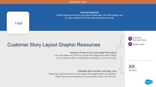 Financial
Services Cloud
Health Cloud
Customer Story Layout Graphic Resources
XX
stat text
Industry Product Icon and Label Placement
Use this table and icons for proper text alignment when telling
your Customer Story. Delete the products you are not using.
Editable Stat Text Box and Key Line
Place key stat into text box and adjust the height within the sidebar.
Place the key line between the product(s) name and the stat.
INTERNAL ONLY
Internal Only Bar
Some assets should not be shared externally. Use this header bar
to note content that is for internal audiences only.
Logo
 