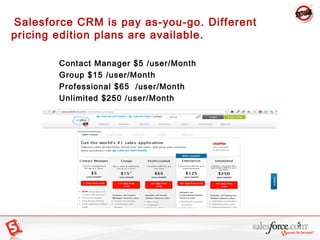 Salesforce CRM is pay as-you-go. Different
pricing edition plans are available.
Contact Manager $5 /user/Month
Group $15 /...